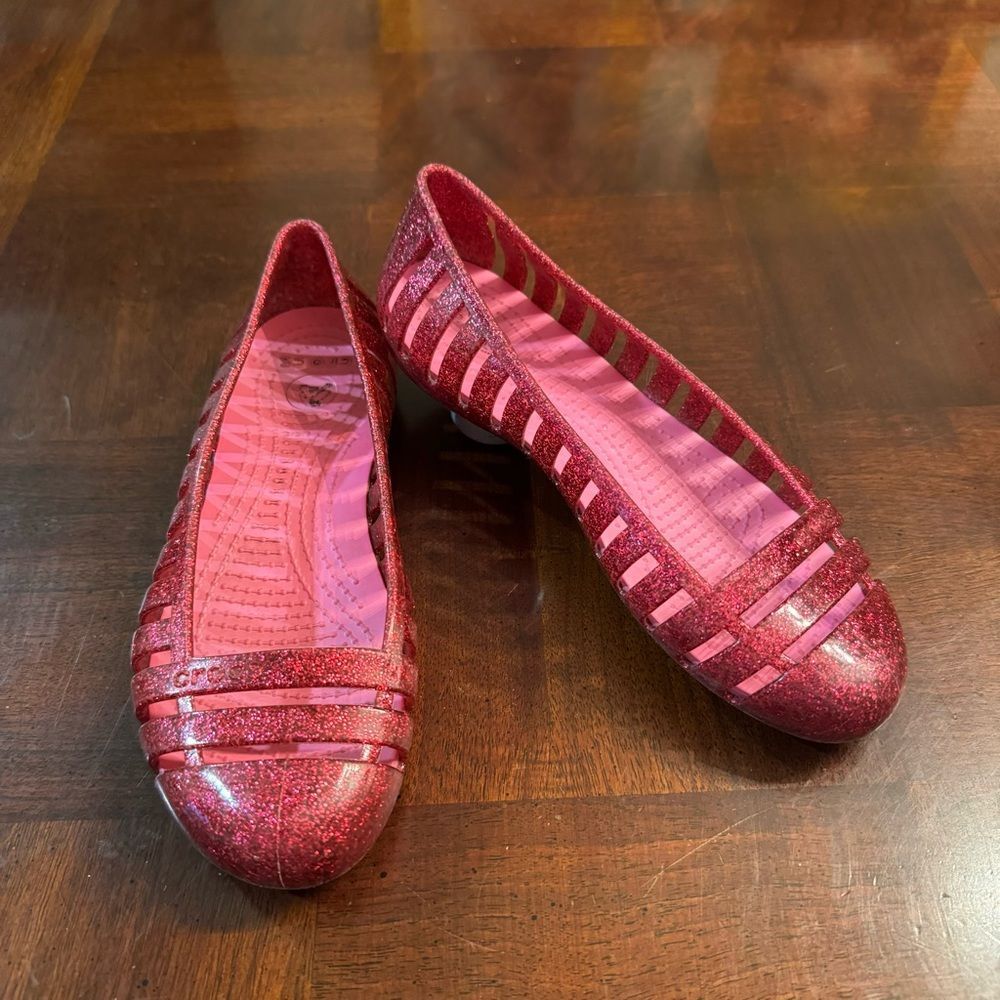 Crocs Shoes Girls Size J1 Youth Pink  Glitter Adrina II Flat Jelly Ballet Shoes